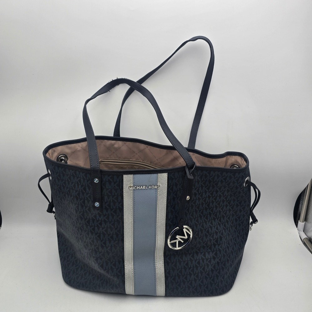 Michael Kors Voyager Navy Blue Logo Stripe Large Tote Bag Silver Hardware